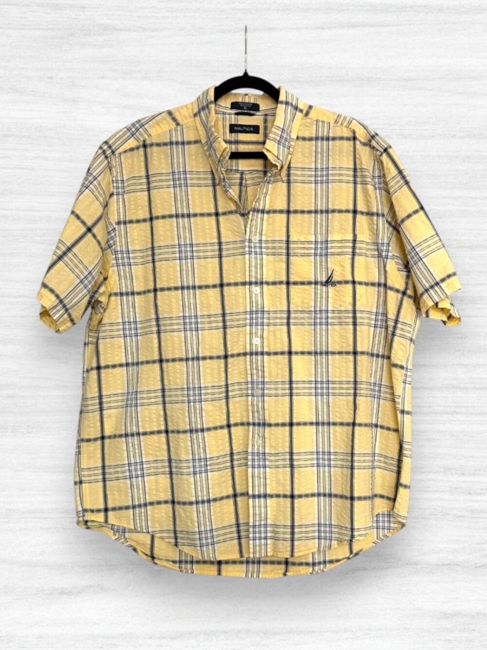 Men's Nautica Seersucker Yellow Blue Plaid Short Sleeve Button Up Shirt Size XL